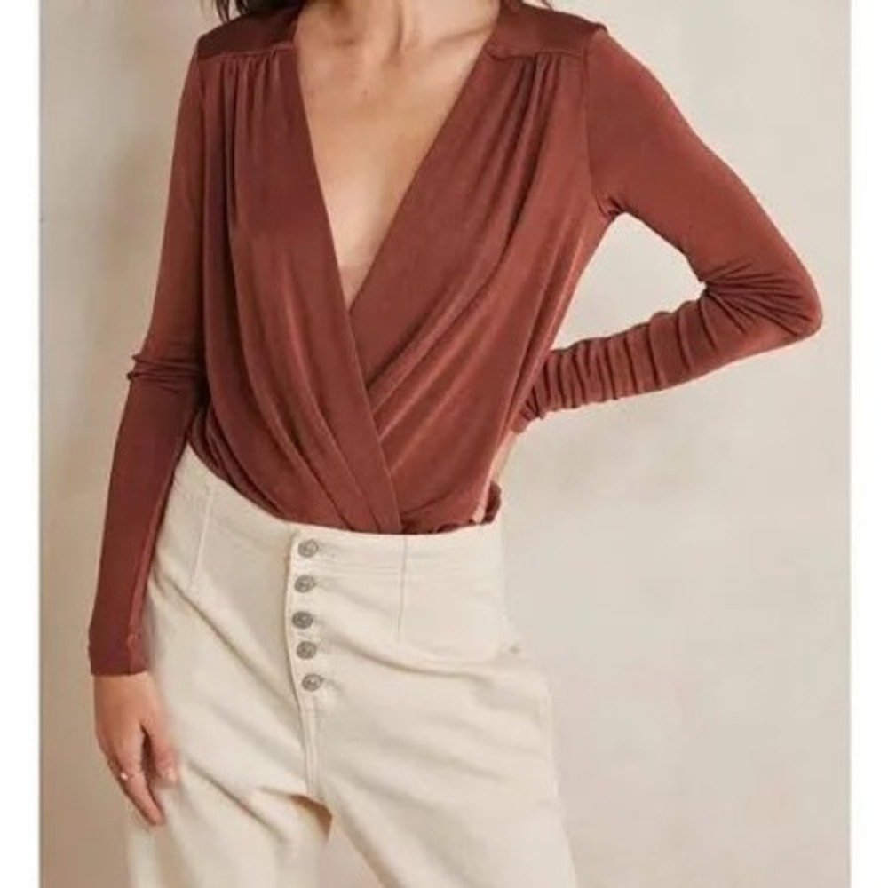 Intimately‎ Free People Rust Orange Deep V Long Sleeve Draped Bodice Bodysuit L